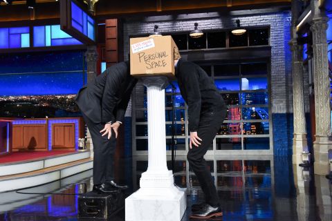O'Brien goofs around with Stephen Colbert while appearing on "The Late Show" in 2019.
