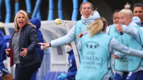 Chelsea manager Emma Hayes celebrates during the UEFA Women's Champions League semifinals.