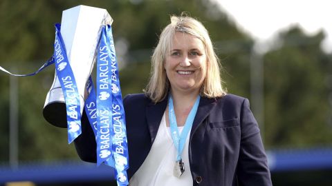 Hayes celebrates with the WSL trophy on Sunday, May 9, 2021.