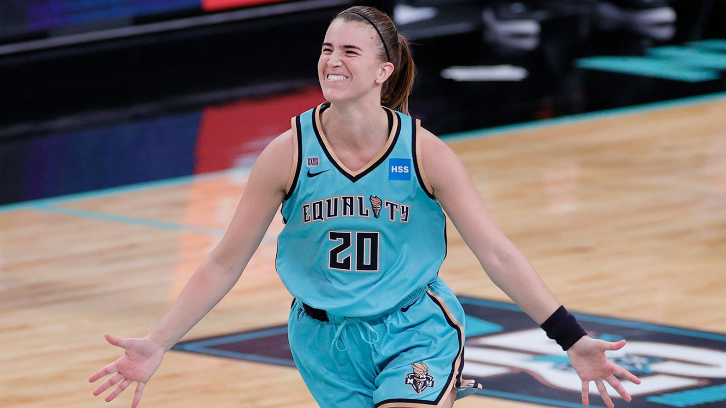 Sabrina Ionescu of the New York Liberty reacts after making a winning three-point basket in the final seconds of a WNBA game on May 14, 2021 in New York City. 