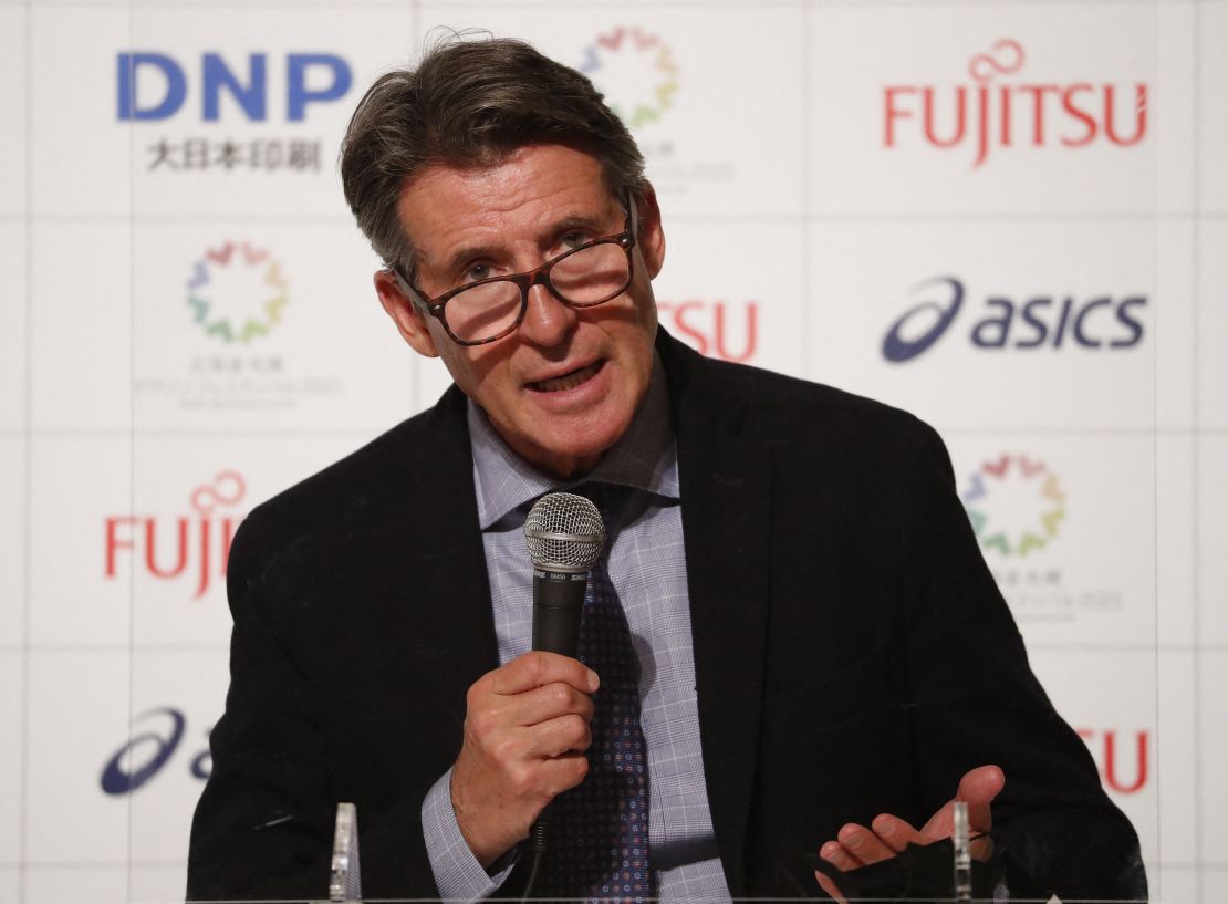 Coe attends a news conference after a test event for the Olympic marathon in Sapporo on May 5. 
