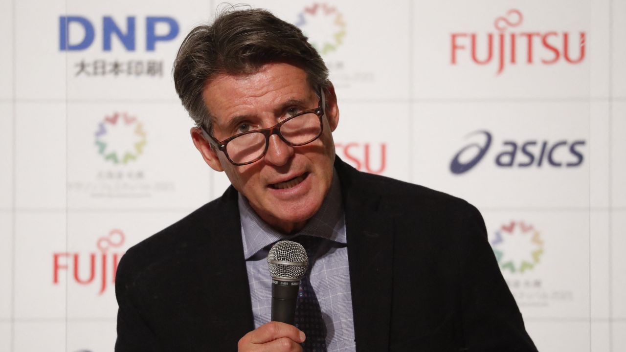Coe attends a news conference after a test event for the Olympic marathon in Sapporo on May 5.