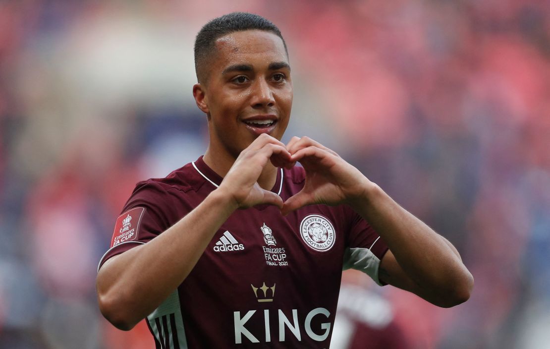 Youri Tielemans celebrates his goal against Chelsea. 