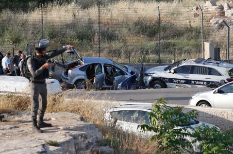 This photo shows the scene of an alleged car ramming in the East Jerusalem neighborhood of Sheikh Jarrah on May 16. Six were injured; the driver was shot and killed. 