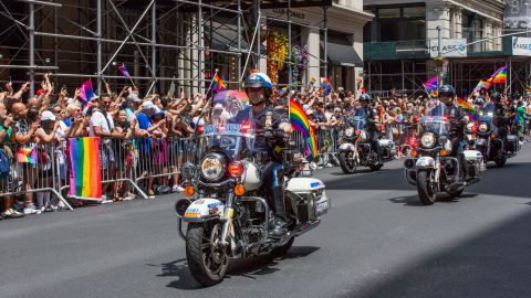 NYPD officers ride their motorcycles at the annual Pride Parade on June 29, 2019, in New York City.
