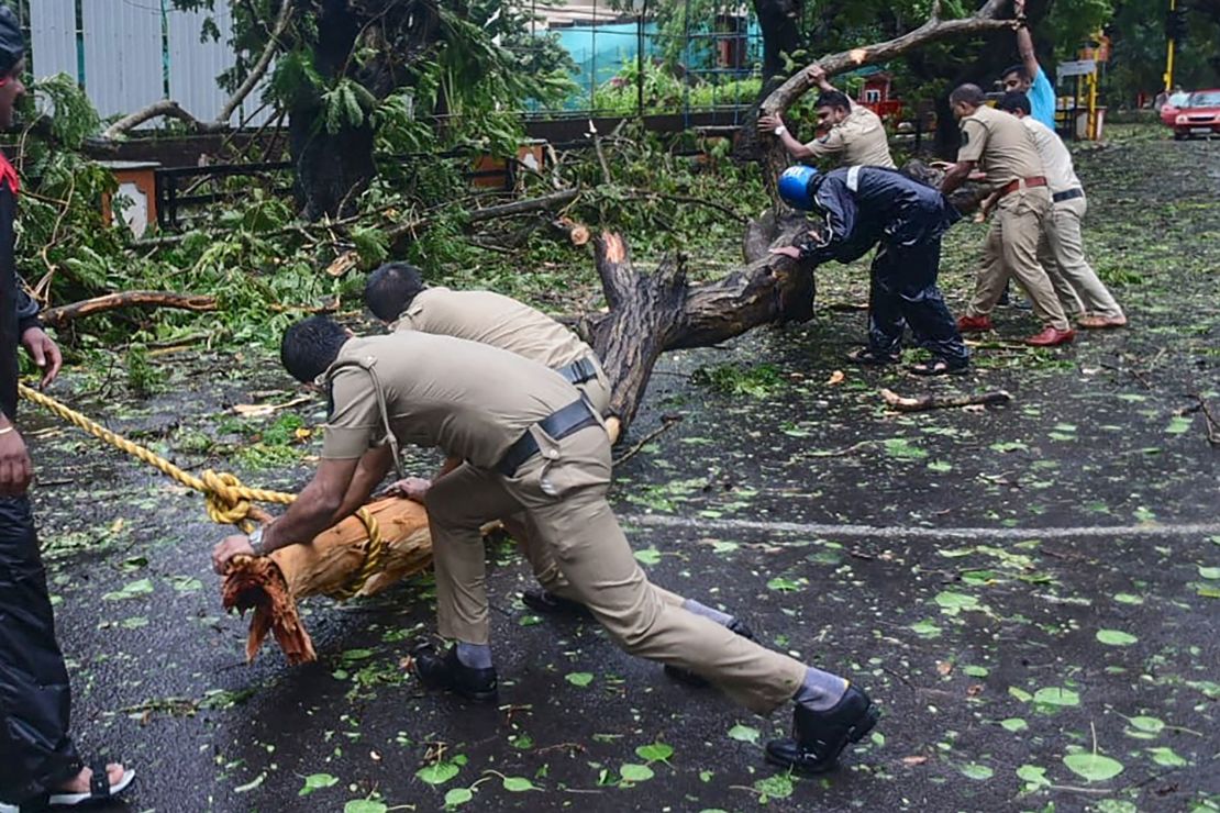 Police clear fallen trees from a road following heavy rains and strong winds brought by Cyclone Tauktae, at Panjim, Goa on May 16.