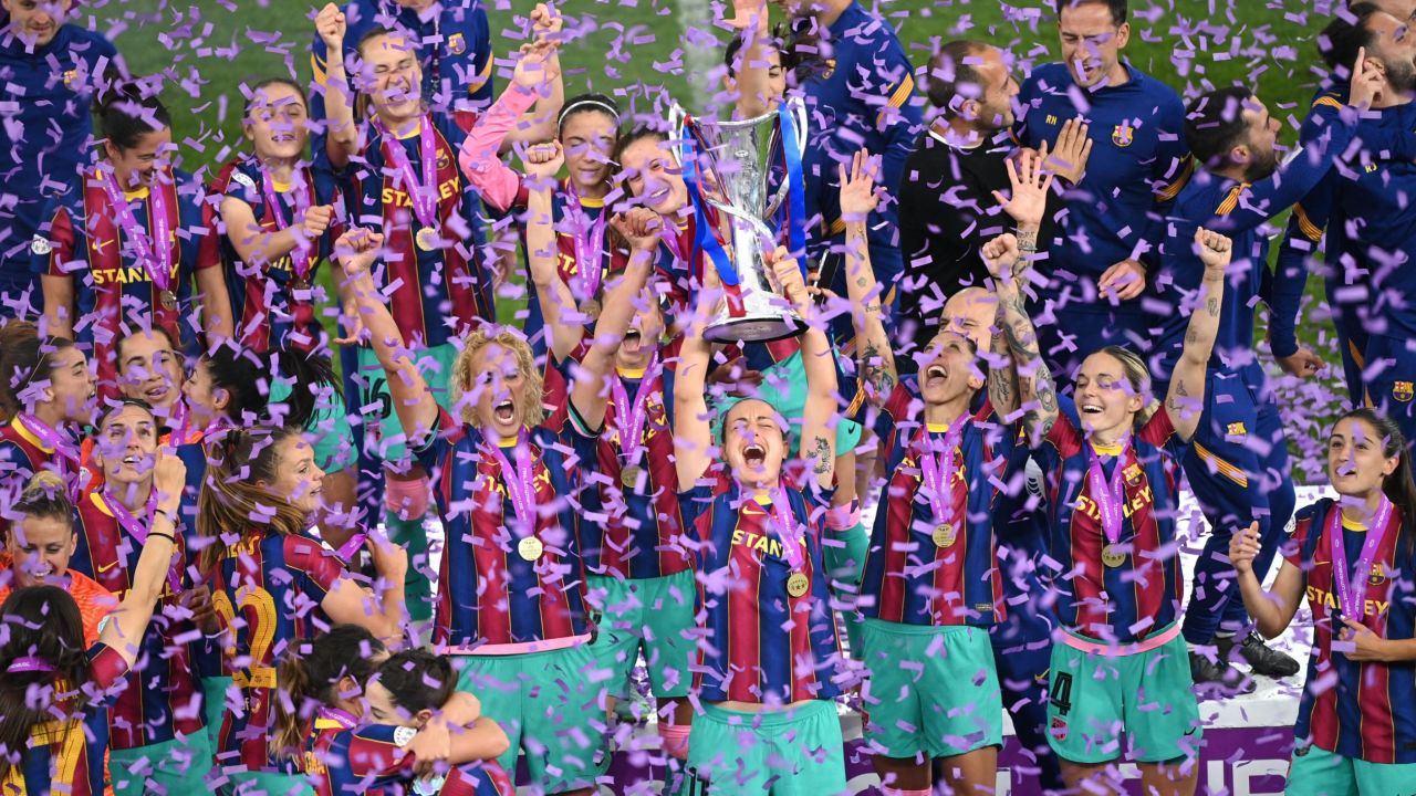 Barcelona's players lift the Women's Champions League trophy in Gothenburg, Sweden, on Sunday.