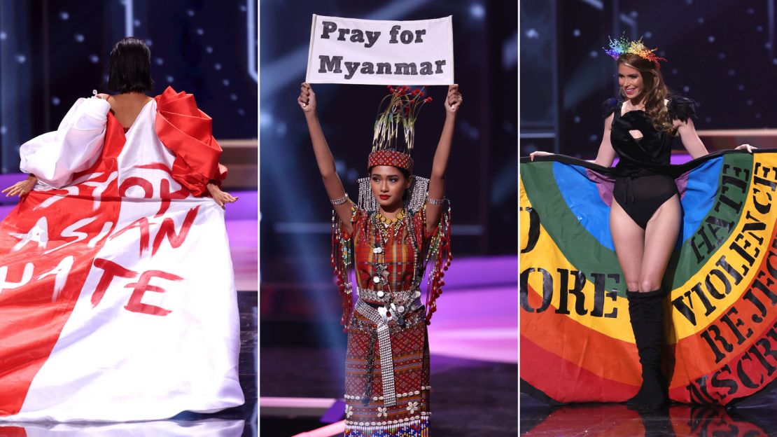 Left to right: Miss Universe Bernadette Belle Ong, Miss Universe Myanmar Ma Thuzar Wint Lwin, Miss Universe Uruguay Lola de los Santos during the National Costume segment of Miss Universe 2021. 