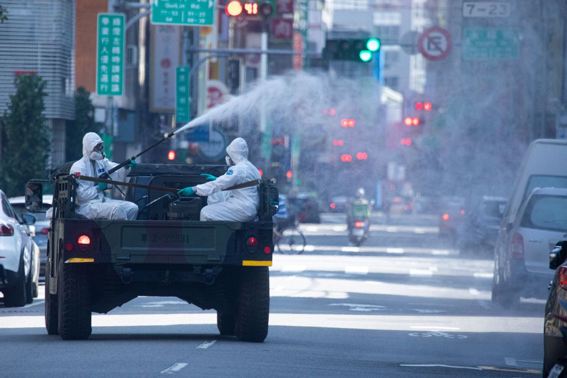 Disinfectant is sprayed on the street in Wanhua District, Taipei, Taiwan on May 16, 2021.