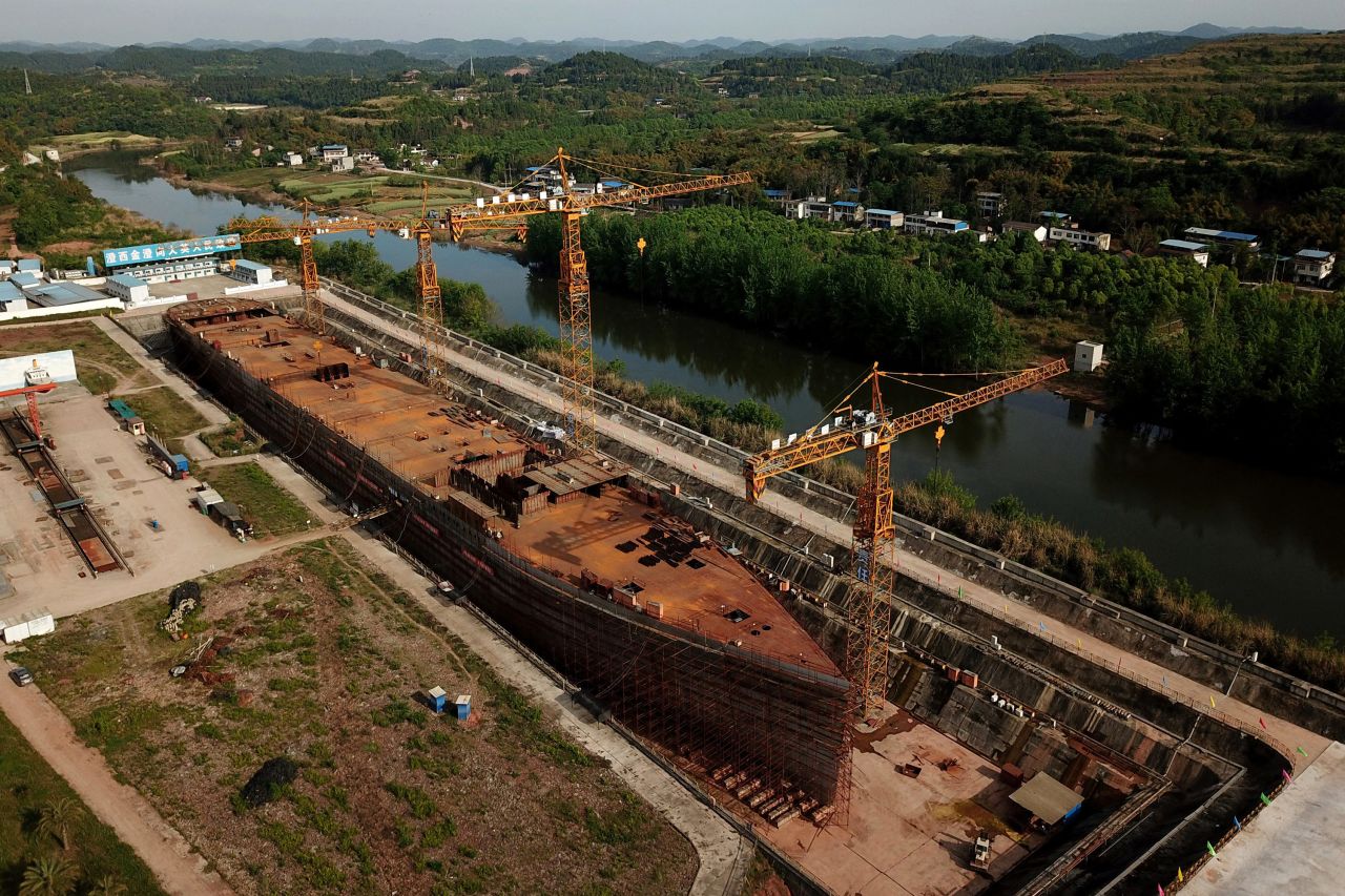 <strong>China's Titanic replica:</strong> An aerial photo taken on April 27, 2021 shows a still-under-construction replica of the Titanic ship in Daying county in China's southwest Sichuan province. 