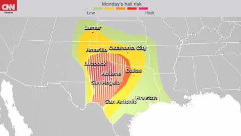 Storm Prediction Center's hail risk forecast, which indicates the best chance for hail of at least 2 inches