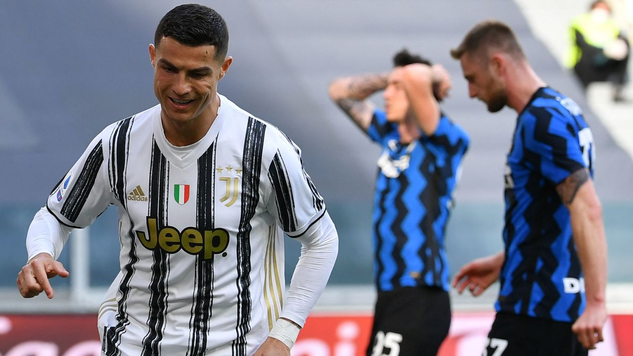 Cristiano Ronaldo celebrates after scoring against Inter Milan.