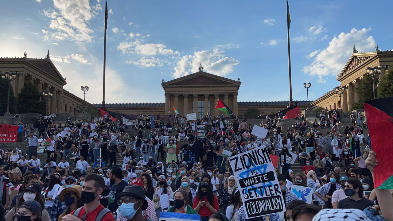 Pro-Palestinian demonstrators gather at the "Rocky Steps" in Philadelphia on Saturday, May 15. 