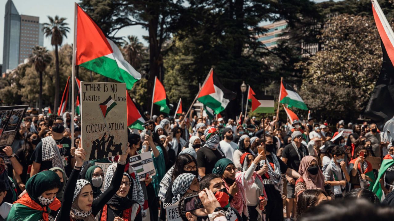 Demonstrators gather at a downtown Sacramento pro-Palestinian rally on Sunday, May 16.
