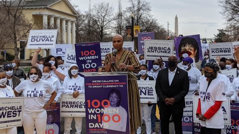 Massachusetts Rep. Ayanna Pressley gathered outside of the White House on Friday, March 12, 2021, along with the National Council for Incarcerated and Formerly Incarcerated Women and Girls to call for President Biden to grant clemency for 100 women.