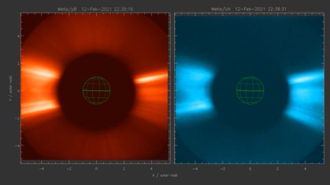 Solar Orbiter's Metis instrument blocks out the bright light from the sun's surface, so the eruption of particles to be seen in visible light (left) and ultraviolet light.
