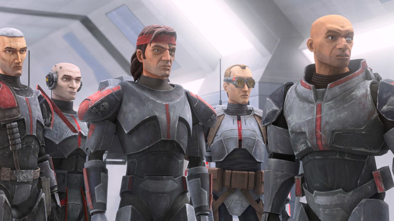 (L-R): Crosshair, Echo, Hunter, Tech and Wrecker in a scene from "STAR WARS: THE BAD BATCH", exclusively on Disney+. © 2021 Lucasfilm Ltd. & ™. All Rights Reserved.
