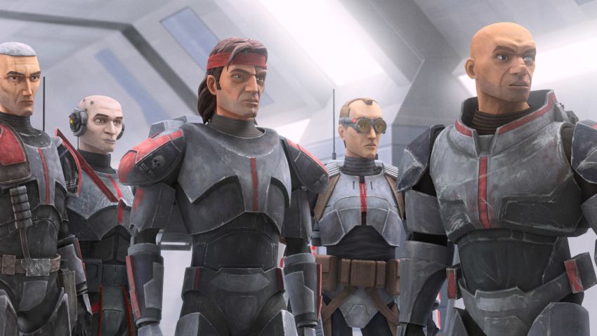 (L-R): Crosshair, Echo, Hunter, Tech and Wrecker in a scene from "STAR WARS: THE BAD BATCH", exclusively on Disney+. © 2021 Lucasfilm Ltd. & ™. All Rights Reserved.