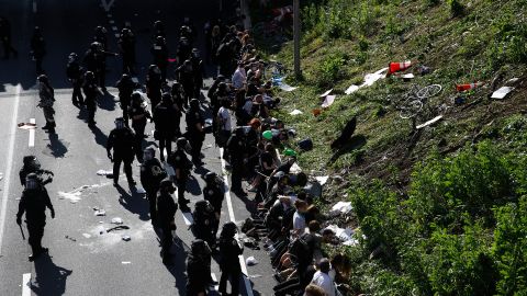 Police last year detain protesters in the aftermath of a march calling for justice over the death of George Floyd on Interstate 676 in Philadelphia.