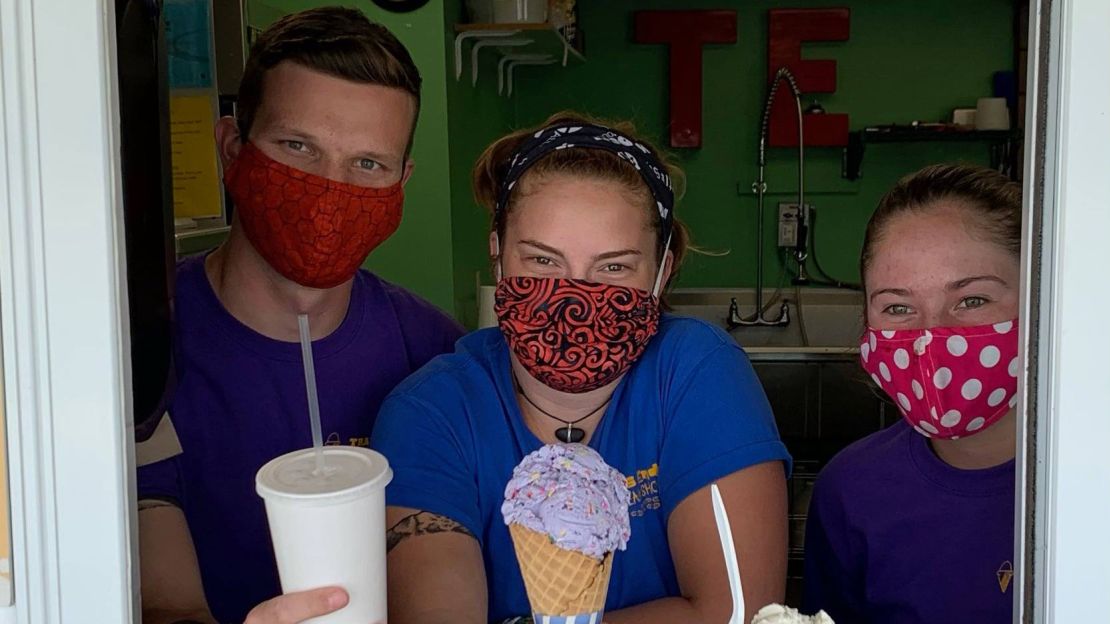 Trails End Ice Cream shop employees in North Conway, New Hampshire, will continue wearing masks at work this summer even though they will be vaccinated, owner Nancy Clark said.