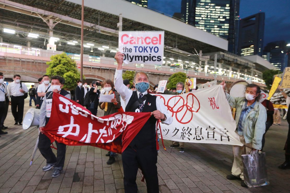 Demonstrators protest against the Olympics in Tokyo on May 17.