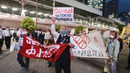 Demonstrators protest against the Tokyo 2020 Olympics in Tokyo, Monday, May 17, 2021. (AP Photo/Koji Sasahara)