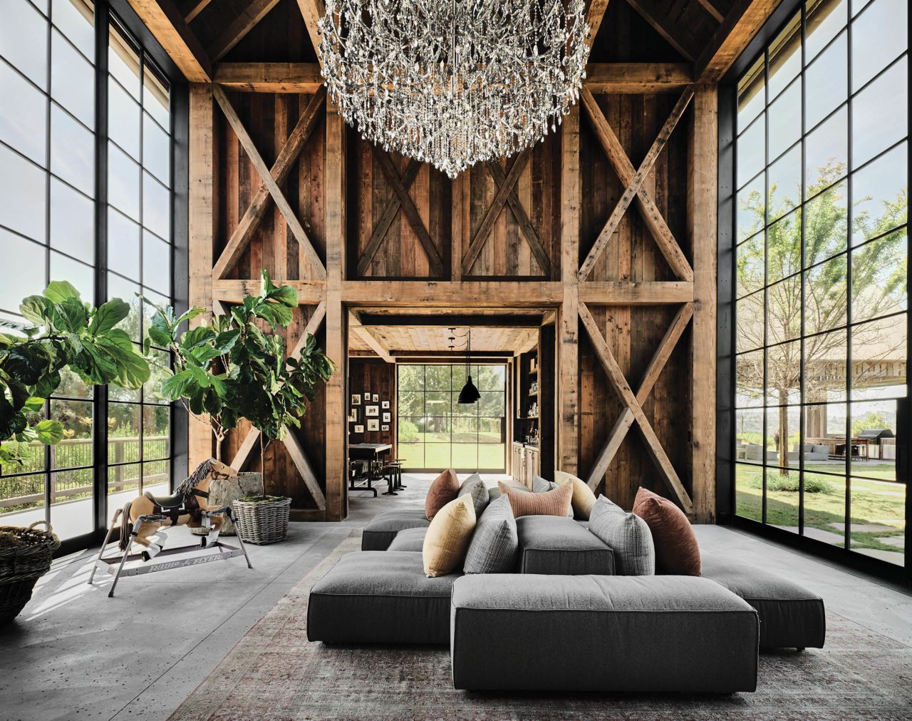 A 10-foot-tall chandelier hangs in the property's guest barn.