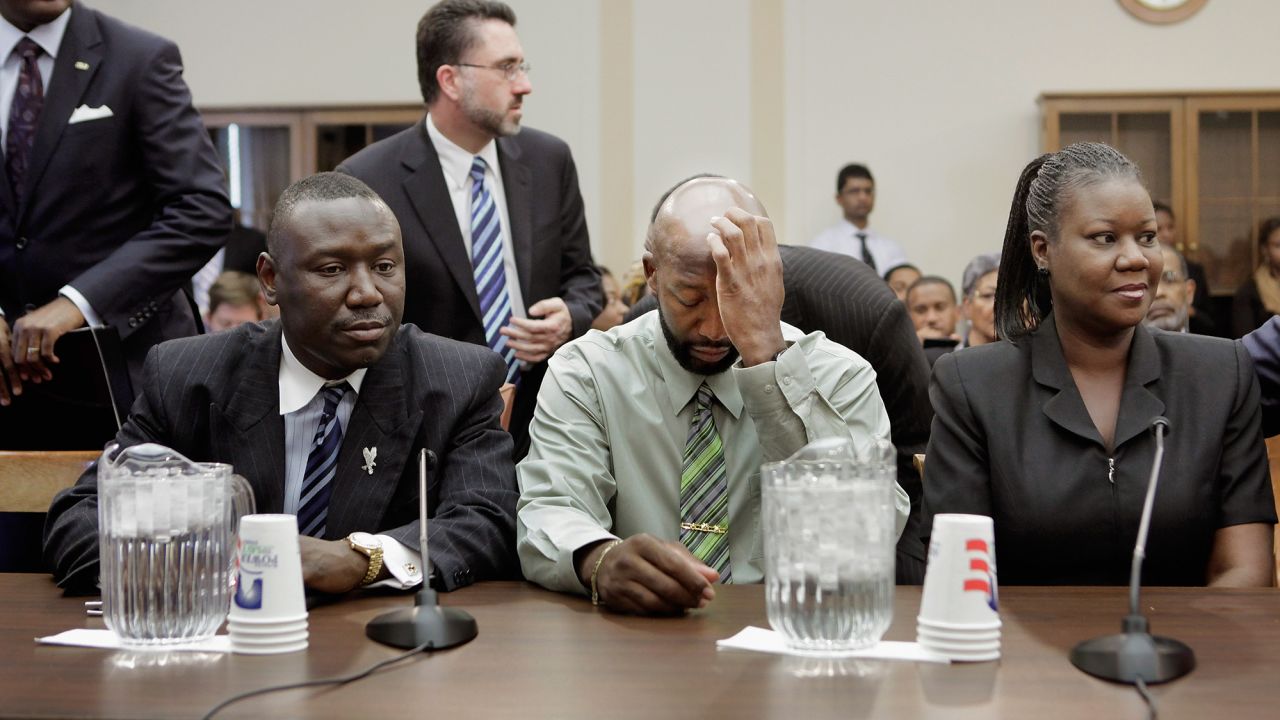 The parents of Trayvon Martin, Tracy Martin, center, and Sybrina Fulton, with Crump at a House Judiciary Committee briefing in Washington on March 27, 2012.