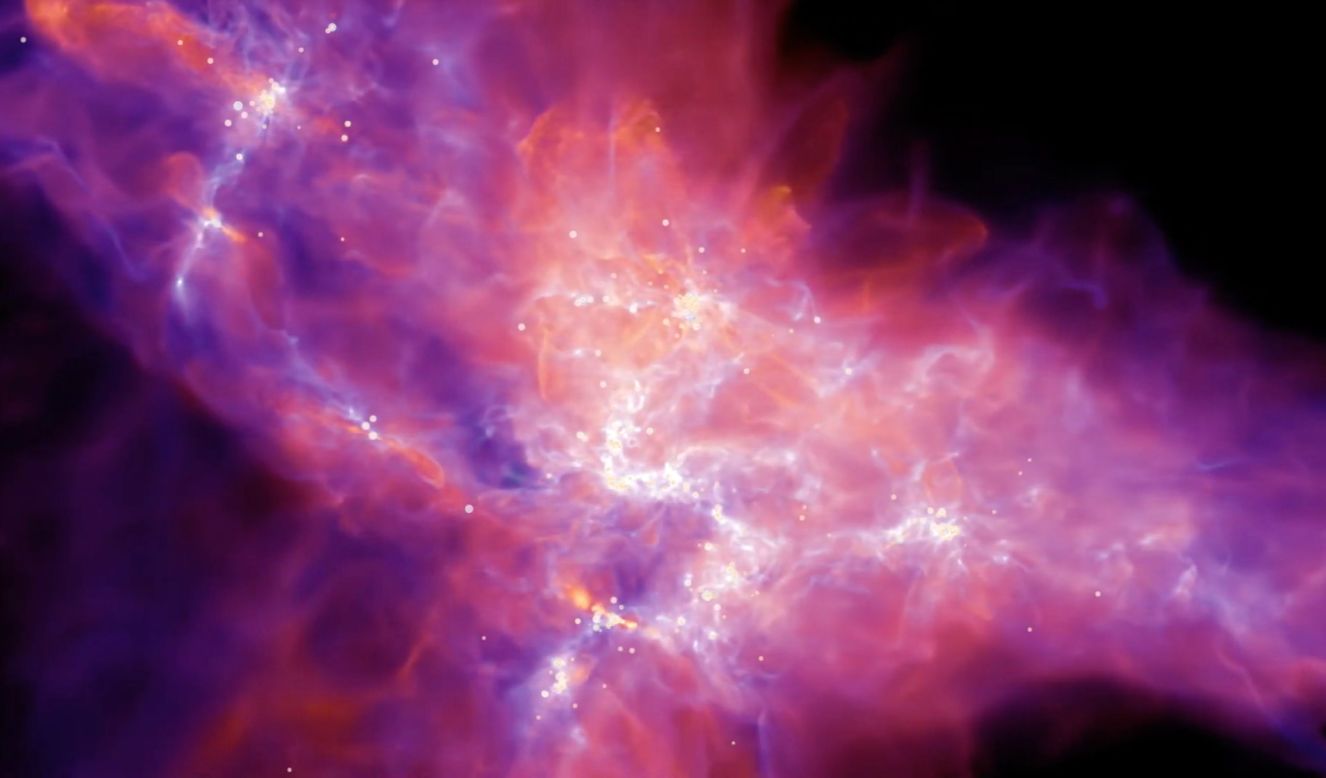 This image from the STARFORGE simulation shows the "Anvil of Creation," a giant gas cloud with individual stars forming inside of it.