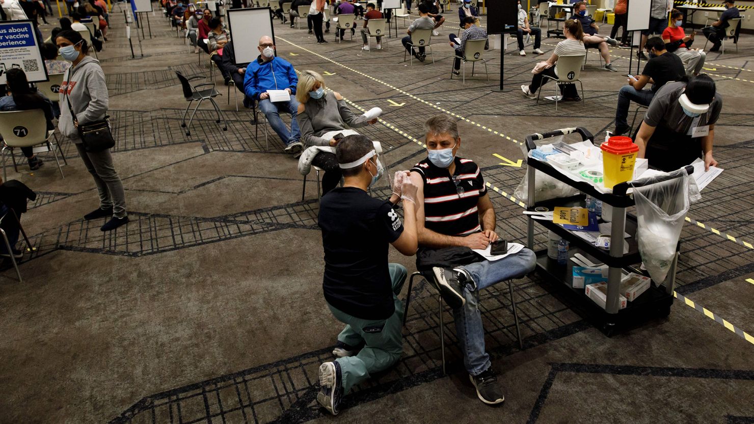 Vaccinations at an overnight vaccination site in Mississauga, Ontario, last week. 