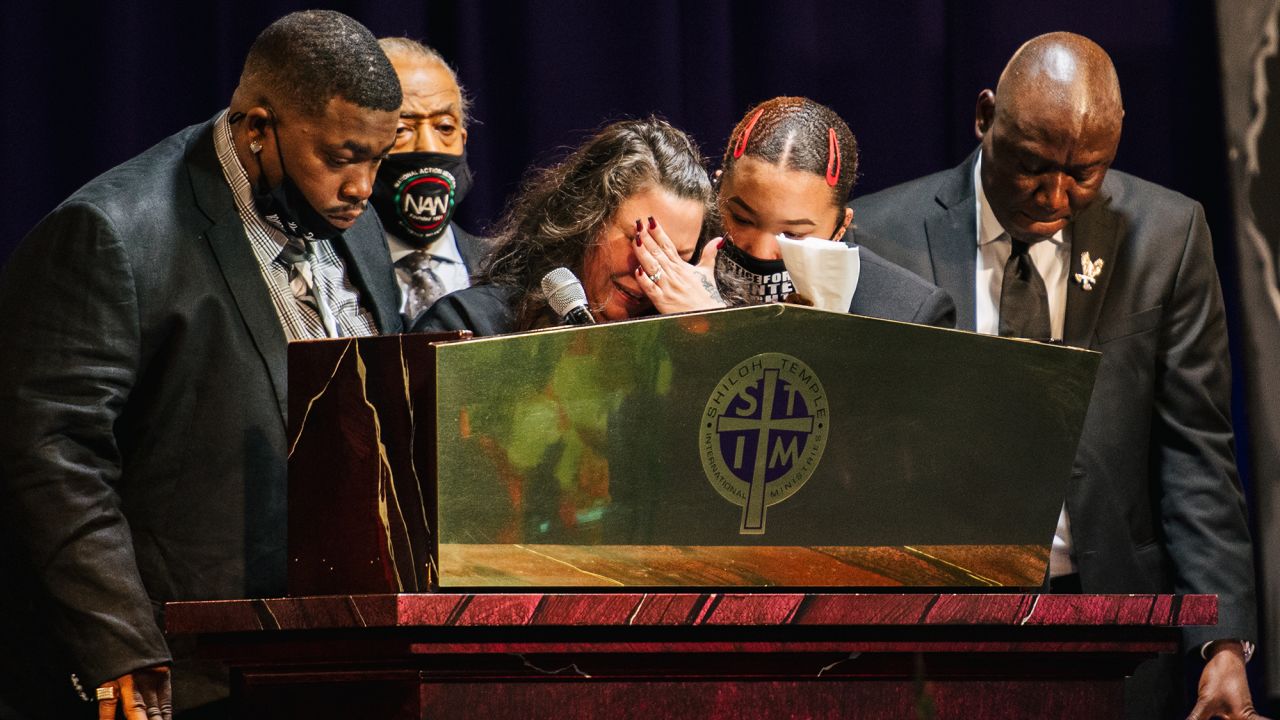 The family of Daunte Wright, the Rev. Al Sharpton and Crump give remarks during Daunte Wright's funeral at the Shiloh Temple International Ministries church in Minneapolis on April 22, 2021.