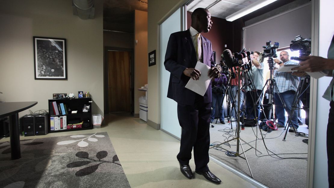 Crump walks away after speaking with the media on March 20, 2012, in Fort Launderdale, Florida, about his clients' son, 17-year-old Trayvon Martin, who was killed on February 26 of that year.