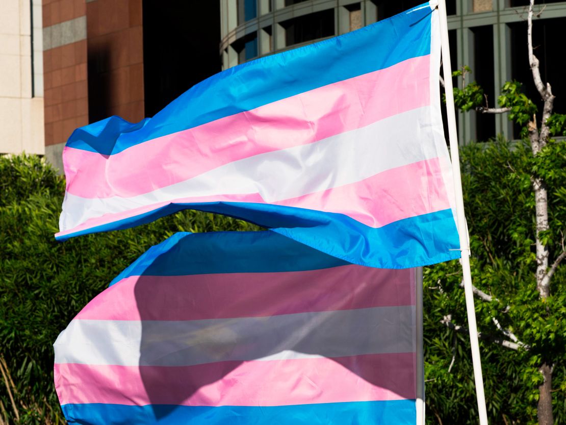 Some 9.2% of kids in an urban school district consider themselves gender-diverse in some way, a new study said. Trans pride flags are shown.