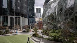 The Amazon headquarters sits virtually empty on March 10, 2020 in downtown Seattle, Washington. In response to the coronavirus outbreak, Amazon recommended all employees in its Seattle headquarters to work from home, leaving much of downtown nearly void of people.
