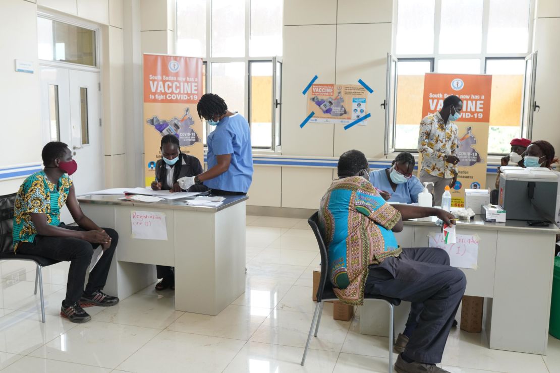 Staff receive a Covid-19 vaccine at a hospital in South Sudan.