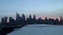 Philadelphia skyline with lights off when "Lights Out Philly" is in effect (from midnight to 6 AM), April 2021