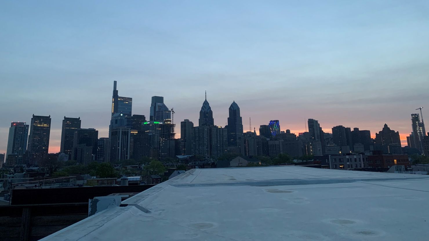 Philadelphia's skyline with the lights off (midnight to 6 a.m.) in April 2021.