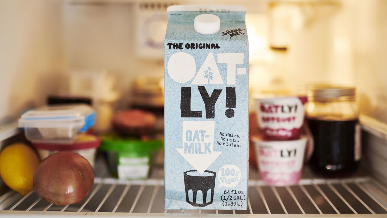 A carton of Oatly oat milk.