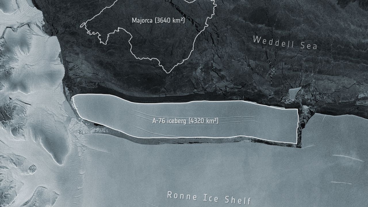 An enormous iceberg has calved from the western side of the Ronne Ice Shelf, lying in the Weddell Sea, in Antarctica.