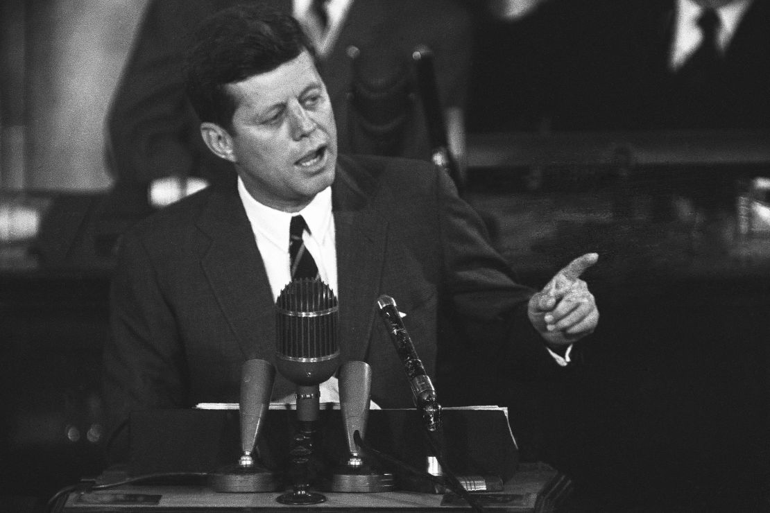 US President John F. Kennedy delivering his speech on May 25, 1961.