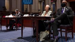 Hughes Van Ellis (L), a Tulsa Race Massacre survivor and World War II veteran, and Viola Fletcher (2nd R), oldest living survivor of the Tulsa Race Massacre, testify before the Civil Rights and Civil Liberties Subcommittee hearing on "Continuing Injustice: The Centennial of the Tulsa-Greenwood Race Massacre" on Capitol Hill in Washington, DC on May 19, 2021. (Photo by JIM WATSON / AFP) (Photo by JIM WATSON/AFP via Getty Images)