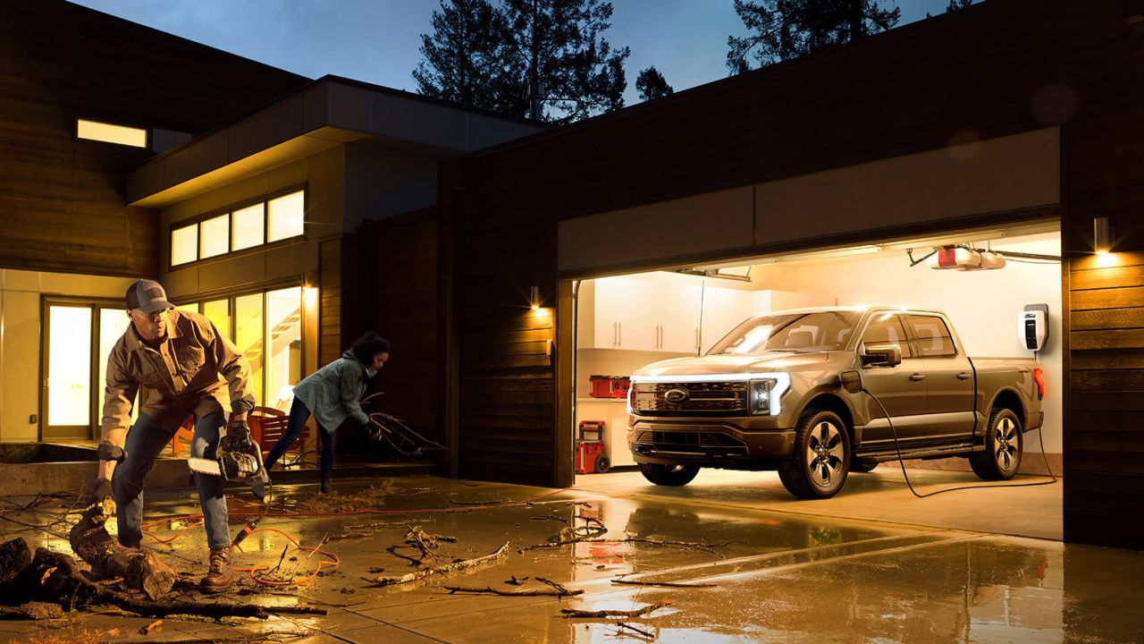 The Ford F-150 Lightning's batteries could power a home in an emergeny, according to Ford.