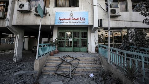 A damaged heath center in the Al-Rimal neighborhood of Gaza City following an airstrike on May 17.