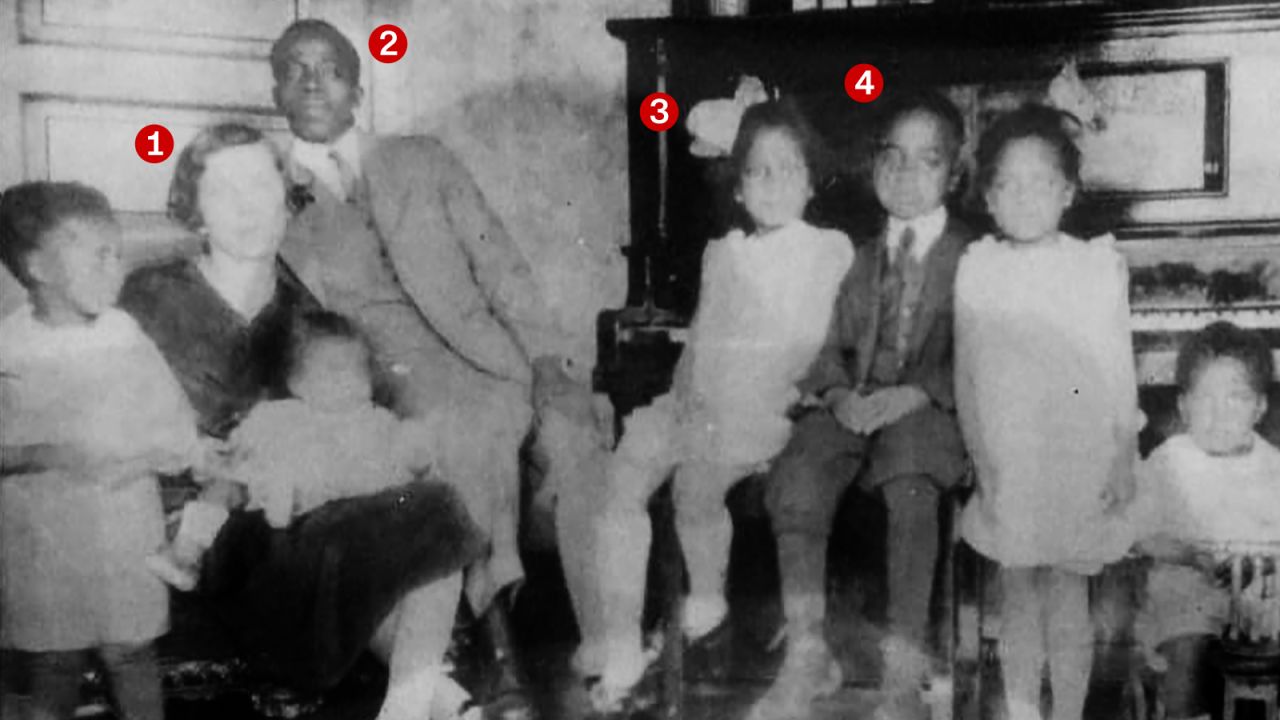 Greenwood District tailor Simeon Neal, Sr. (No. 2) and his wife, Susan (No. 1), are pictured with their six children. The photo was taken in 1928, seven years after the Neals escaped the Tulsa race massacre with their oldest child, Marjorie (No. 3), and their firstborn son, Simeon Neal Jr. (No. 4), who was an infant at the time of the massacre.
