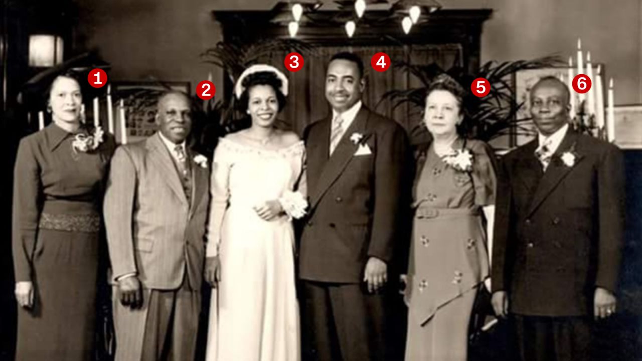 Simeon Neal, Jr. (No. 4) wed Rosa Lee Campbell (No. 3) in Chicago's South Park Methodist Church in 1948. His parents, Susan (No. 5) and Simeon Neal, Sr. (No. 6), as well as Campbell's parents, James (No. 2) and Velma Campbell (No. 1), are photographed with the couple.