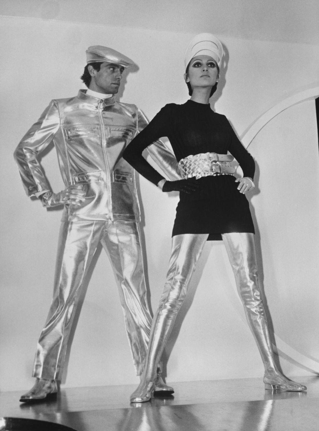 Pierre Cardin helped spearhead the space-age aesthetic with an array of ensembles in silver vinyl.