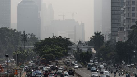 Buildings in downtown Jakarta, Indonesia, shrouded in a thick haze on February 23, 2018. 