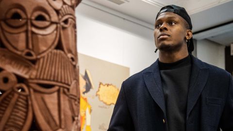 England rugby star Maro Itoje at Signature African Art gallery, London.