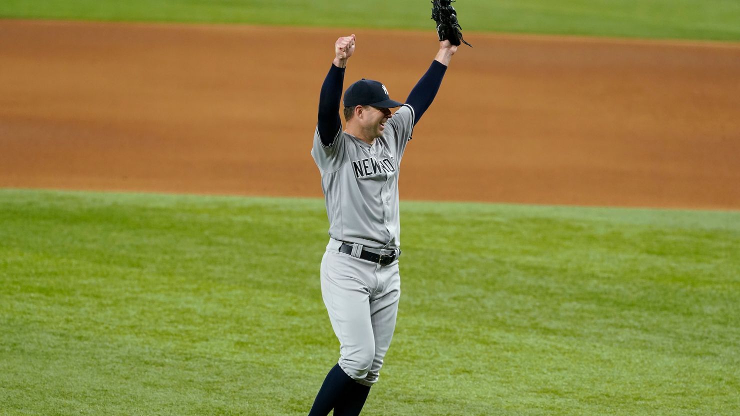 New York Yankees pitcher Corey Kluber celebrates after tossing a no-hitter against the Rangers in Arlington, Texas, on May 19, 2021. 