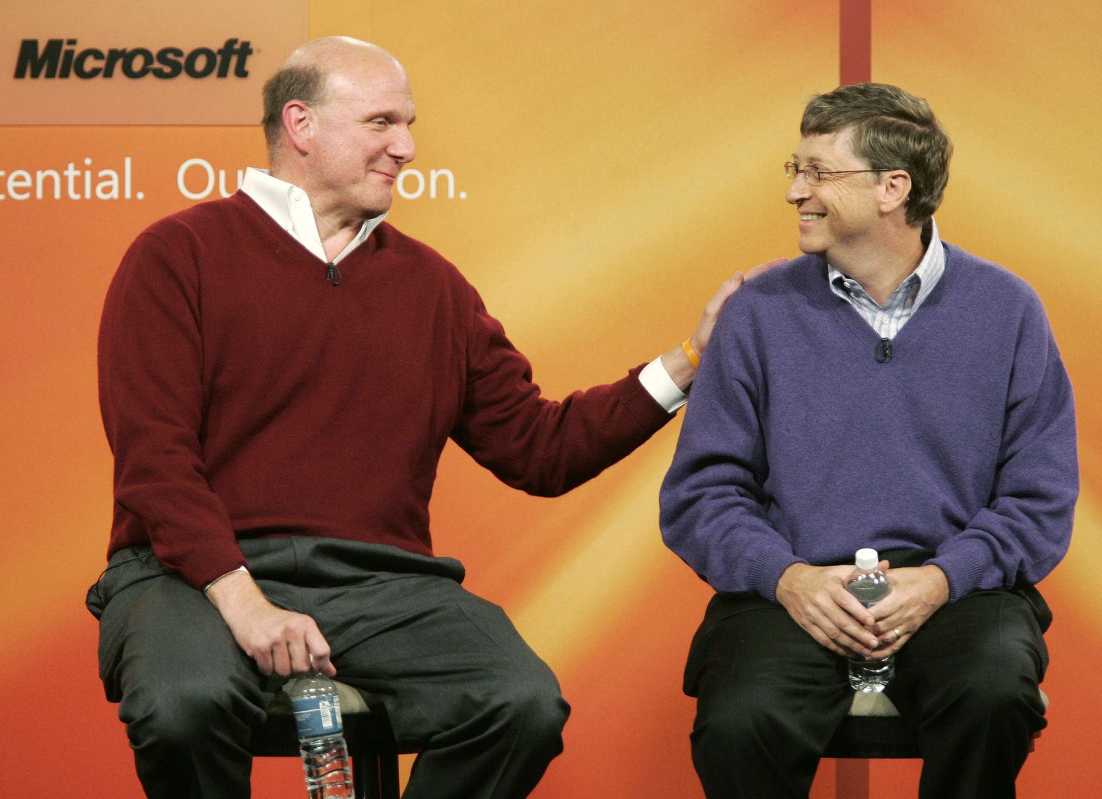 Gates, seen here with Microsoft CEO Steve Ballmer, announced in 2006 that he would be giving up his daily role at Microsoft, effective July 2008, to concentrate on his humanitarian and educational interests.